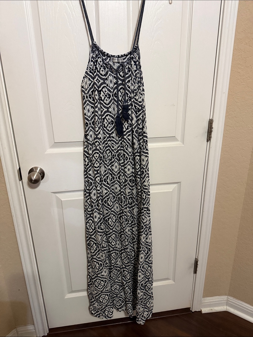 Red Queen Navy and White Printed Spaghetti-Strap Maxi Dress